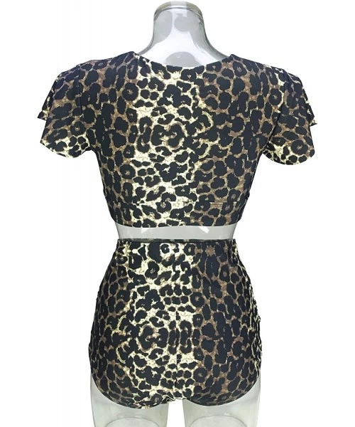 Sets Women's Retro Floral High Waisted Shirred Bikini Set Tie Front Short Sleeve Top Ruffle Swimsuit(FBA) Black Leopard - CE1...