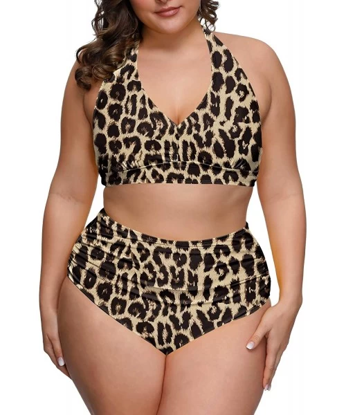 Sets Women's 2 Piece Plus Size High Waisted Swimwear Swimsuits Ruched Tummy Control Bikini Set - 01 - Leopard - CA19DWKNUN5