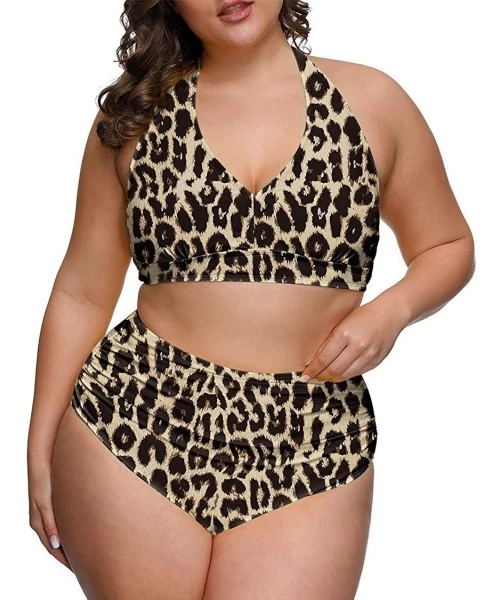 Sets Women's 2 Piece Plus Size High Waisted Swimwear Swimsuits Ruched Tummy Control Bikini Set - 01 - Leopard - CA19DWKNUN5