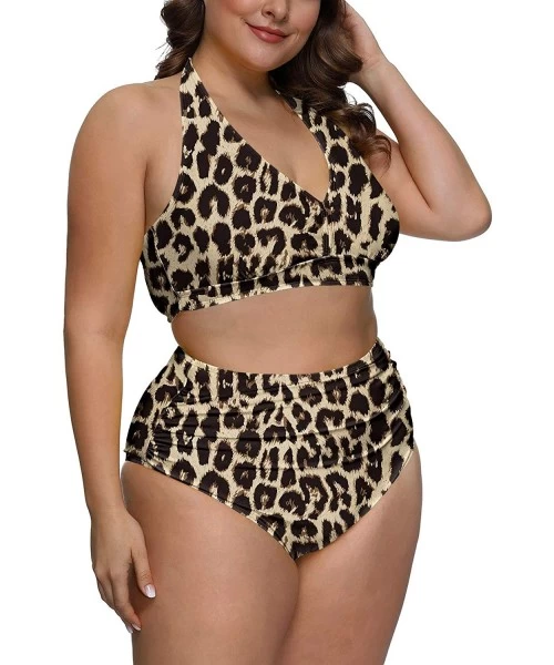 Sets Women's 2 Piece Plus Size High Waisted Swimwear Swimsuits Ruched Tummy Control Bikini Set - 01 - Leopard - CA19DWKNUN5