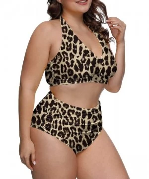 Sets Women's 2 Piece Plus Size High Waisted Swimwear Swimsuits Ruched Tummy Control Bikini Set - 01 - Leopard - CA19DWKNUN5