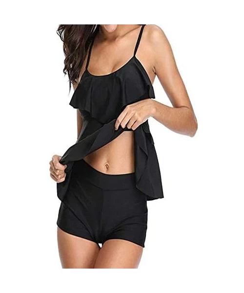 One-Pieces Women Tankini Bathing Suits Strappy Off Shoulder Ruffle Tank Top Boxer Shorts - Black - CZ18O2RHL58