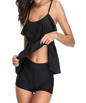 One-Pieces Women Tankini Bathing Suits Strappy Off Shoulder Ruffle Tank Top Boxer Shorts - Black - CZ18O2RHL58