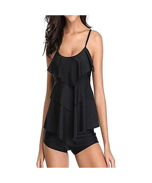 One-Pieces Women Tankini Bathing Suits Strappy Off Shoulder Ruffle Tank Top Boxer Shorts - Black - CZ18O2RHL58