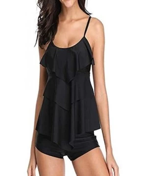 One-Pieces Women Tankini Bathing Suits Strappy Off Shoulder Ruffle Tank Top Boxer Shorts - Black - CZ18O2RHL58