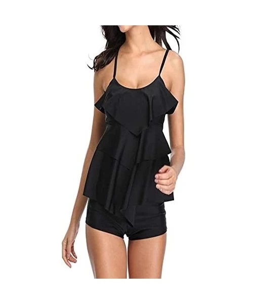 One-Pieces Women Tankini Bathing Suits Strappy Off Shoulder Ruffle Tank Top Boxer Shorts - Black - CZ18O2RHL58