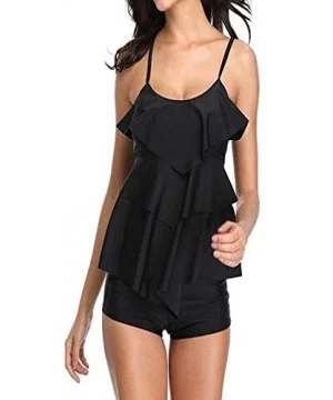 One-Pieces Women Tankini Bathing Suits Strappy Off Shoulder Ruffle Tank Top Boxer Shorts - Black - CZ18O2RHL58