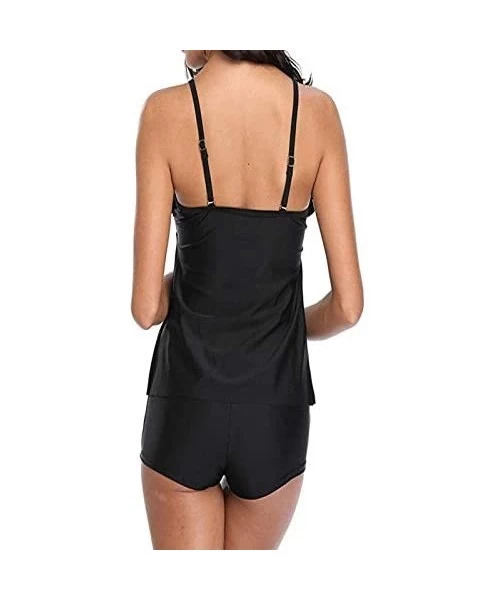 One-Pieces Women Tankini Bathing Suits Strappy Off Shoulder Ruffle Tank Top Boxer Shorts - Black - CZ18O2RHL58