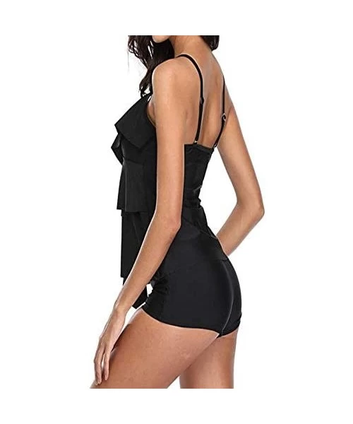 One-Pieces Women Tankini Bathing Suits Strappy Off Shoulder Ruffle Tank Top Boxer Shorts - Black - CZ18O2RHL58