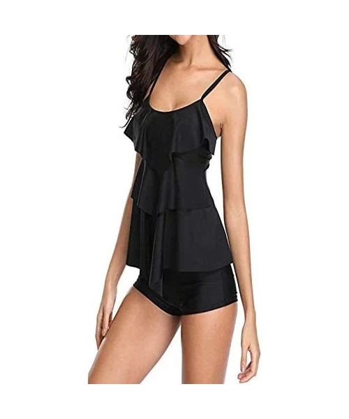 One-Pieces Women Tankini Bathing Suits Strappy Off Shoulder Ruffle Tank Top Boxer Shorts - Black - CZ18O2RHL58