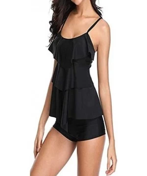 One-Pieces Women Tankini Bathing Suits Strappy Off Shoulder Ruffle Tank Top Boxer Shorts - Black - CZ18O2RHL58