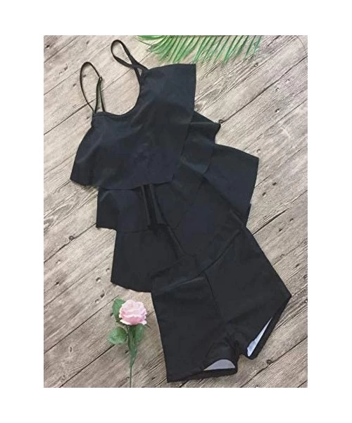 One-Pieces Women Tankini Bathing Suits Strappy Off Shoulder Ruffle Tank Top Boxer Shorts - Black - CZ18O2RHL58