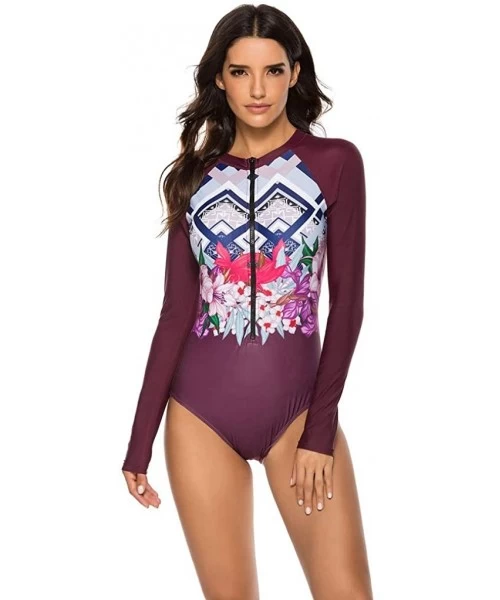 Tankinis Women's Long Sleeve Floral Printed Zip Front Rashguard One Piece Swimsuit Sun Protection Surfing Swimwear - Wine - C...