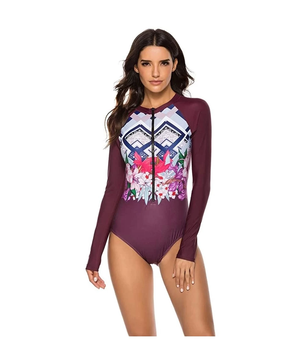 Tankinis Women's Long Sleeve Floral Printed Zip Front Rashguard One Piece Swimsuit Sun Protection Surfing Swimwear - Wine - C...