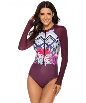 Tankinis Women's Long Sleeve Floral Printed Zip Front Rashguard One Piece Swimsuit Sun Protection Surfing Swimwear - Wine - C...