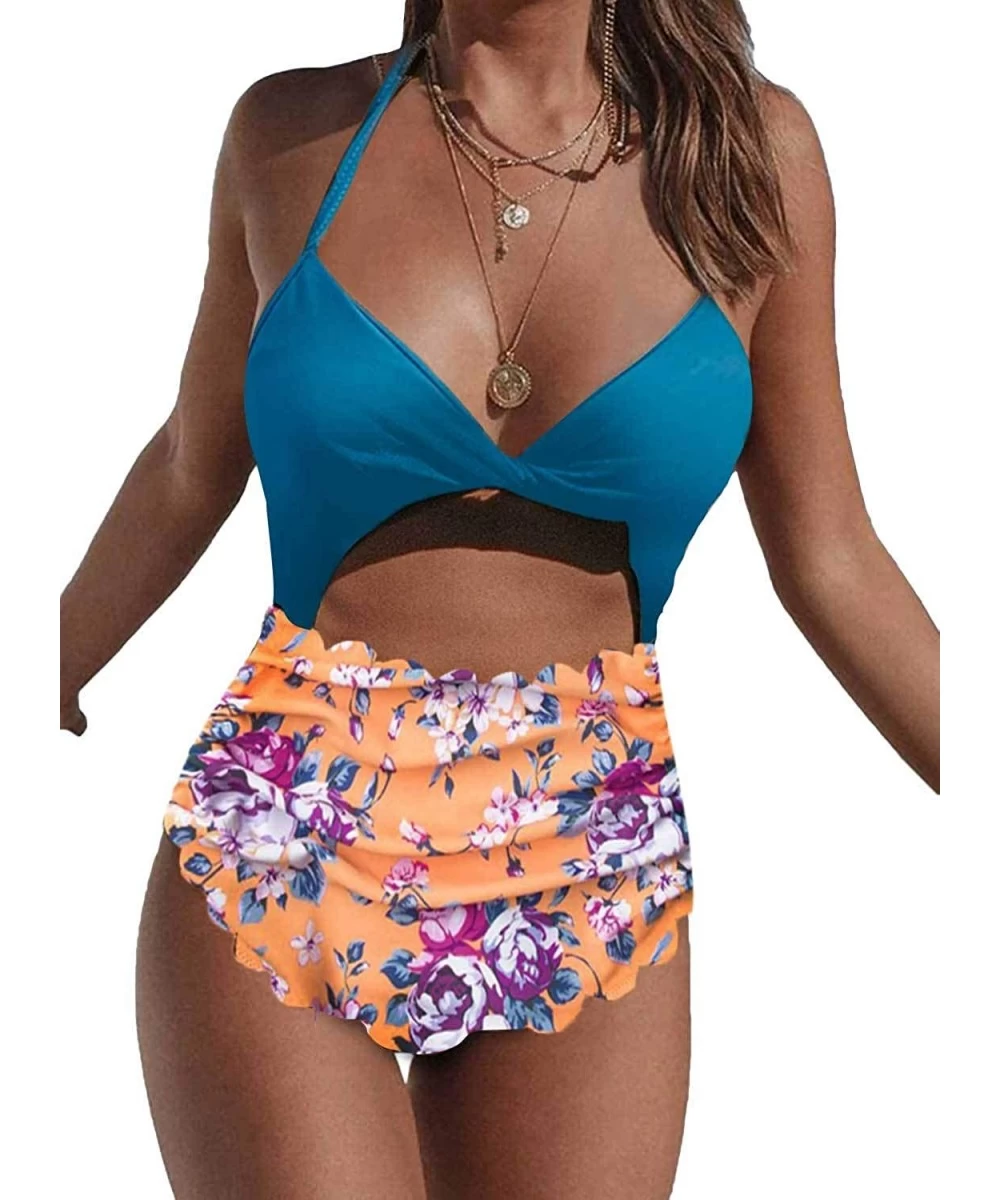 One-Pieces Women Stylish Cutout One-Pieces Monokini Ruffled Print Self Tie Straps Swimwear - Az Orange - CP196R2CSIU