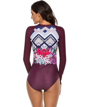 Tankinis Women's Long Sleeve Floral Printed Zip Front Rashguard One Piece Swimsuit Sun Protection Surfing Swimwear - Wine - C...