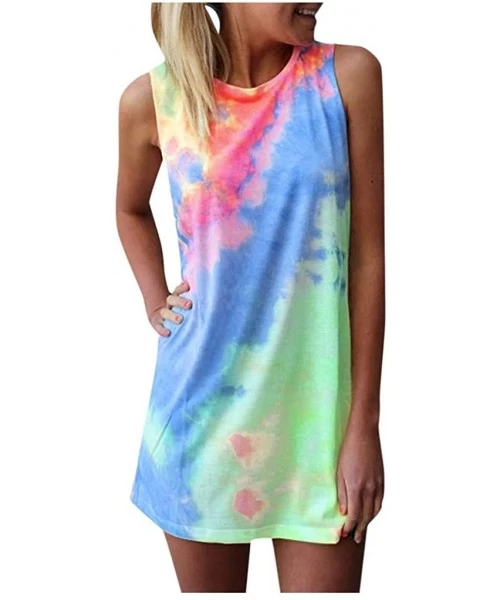 Cover-Ups Women's Sleeveless T Shirt Dress Tie-dye Floral Print Tank Mini Dress Round Neck Rainbow Short Mini Dress - Blue - ...