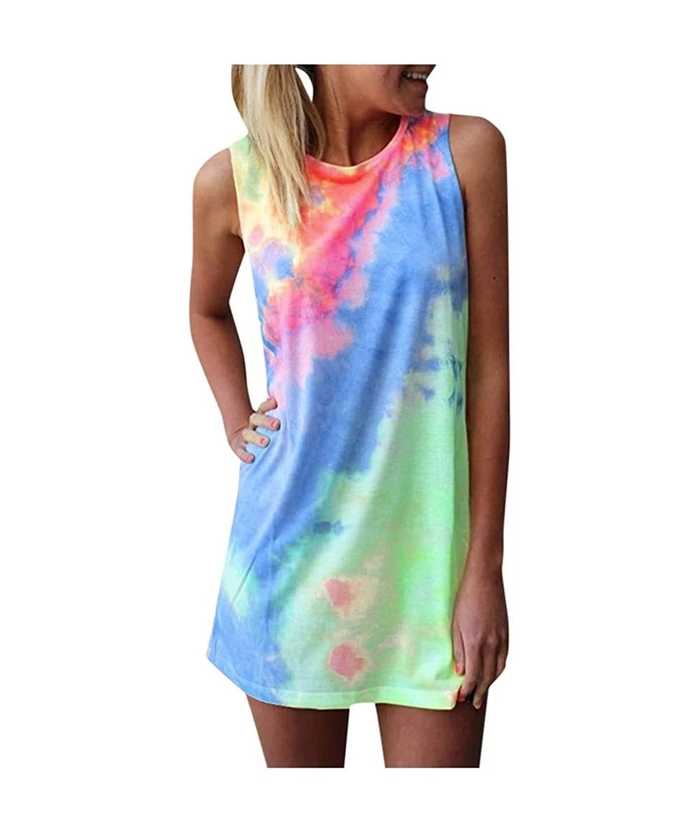 Cover-Ups Women's Sleeveless T Shirt Dress Tie-dye Floral Print Tank Mini Dress Round Neck Rainbow Short Mini Dress - Blue - ...