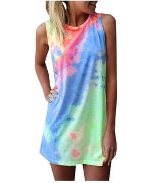 Cover-Ups Women's Sleeveless T Shirt Dress Tie-dye Floral Print Tank Mini Dress Round Neck Rainbow Short Mini Dress - Blue - ...