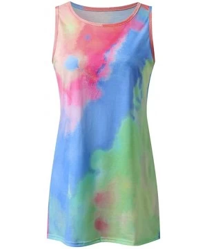 Cover-Ups Women's Sleeveless T Shirt Dress Tie-dye Floral Print Tank Mini Dress Round Neck Rainbow Short Mini Dress - Blue - ...