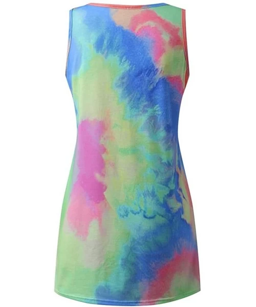 Cover-Ups Women's Sleeveless T Shirt Dress Tie-dye Floral Print Tank Mini Dress Round Neck Rainbow Short Mini Dress - Blue - ...