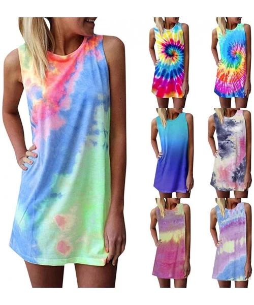 Cover-Ups Women's Sleeveless T Shirt Dress Tie-dye Floral Print Tank Mini Dress Round Neck Rainbow Short Mini Dress - Blue - ...