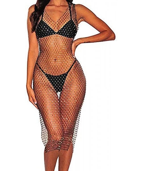 Cover-Ups Women Sexy Bikini Cover Up Dress Rhinestone See Through Mesh Fishnet Mesh Clubwear Beach Dress - Black Long - CG18U...