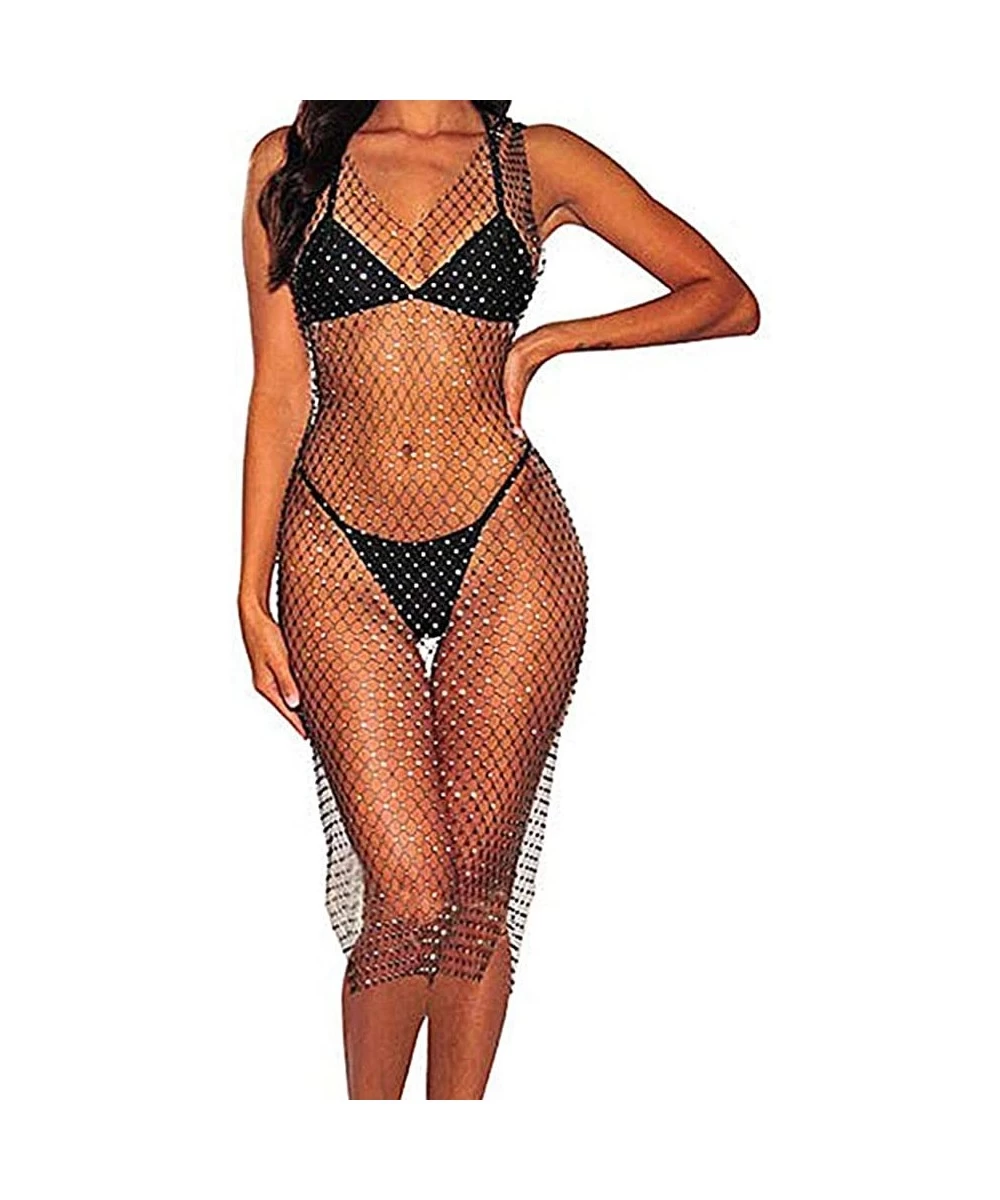 Cover-Ups Women Sexy Bikini Cover Up Dress Rhinestone See Through Mesh Fishnet Mesh Clubwear Beach Dress - Black Long - CG18U...