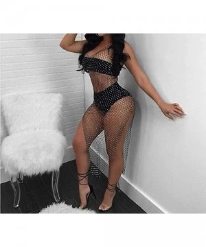 Cover-Ups Women Sexy Bikini Cover Up Dress Rhinestone See Through Mesh Fishnet Mesh Clubwear Beach Dress - Black Long - CG18U...