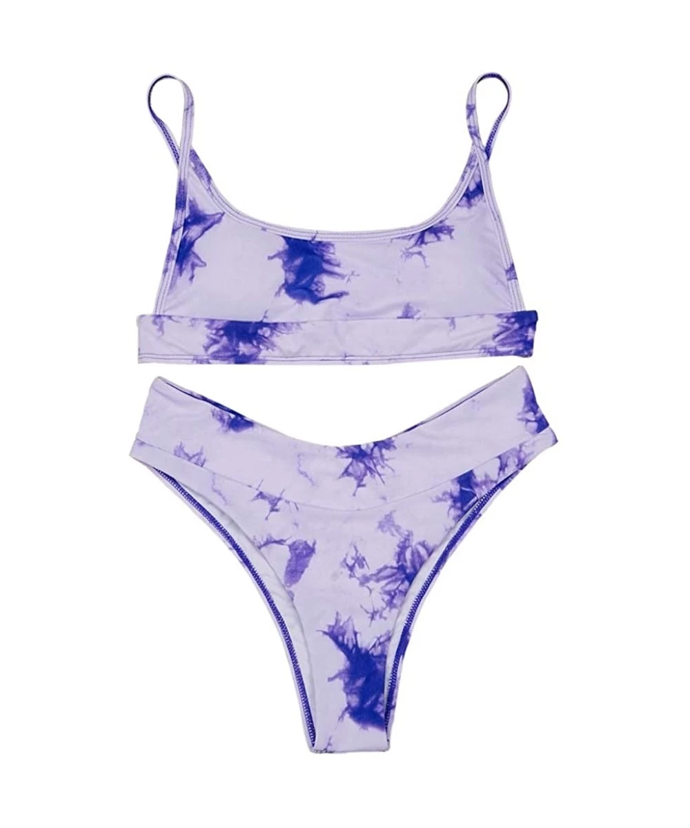 Sets 2Pcs Tie Dye Bikini Set Super Sexy Women Cinched String Triangle Comfortable Swimsuit Gathered Underwear Set Purple - CJ...