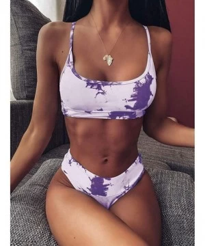 Sets 2Pcs Tie Dye Bikini Set Super Sexy Women Cinched String Triangle Comfortable Swimsuit Gathered Underwear Set Purple - CJ...