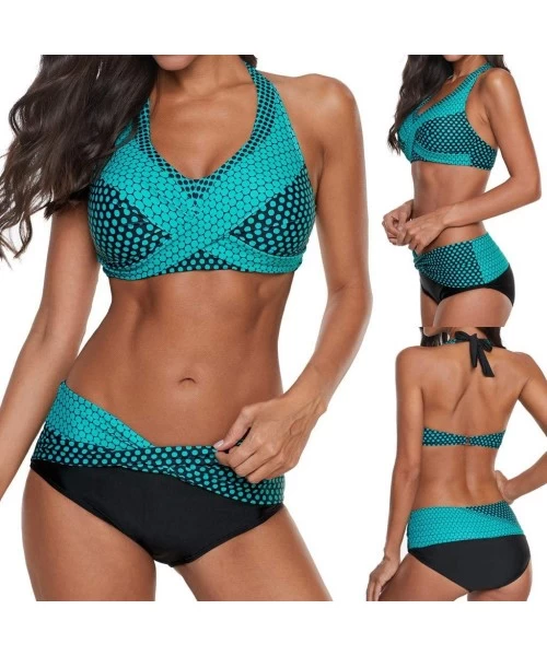 Racing Women's Halter Push Up Two Piece Bikini Swimsuits Twist Front Bathing Suits Padded Swimwear Fashion Dot Printed Green ...