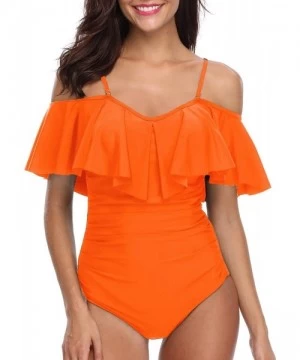 One-Pieces Women One Piece Flounce Swimsuit Vintage Printed Off Shoulder Flounce Ruffled Swimwear Bathing Suit - Orange - CX1...