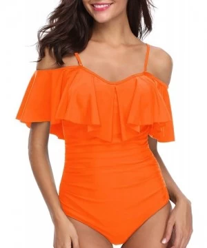 One-Pieces Women One Piece Flounce Swimsuit Vintage Printed Off Shoulder Flounce Ruffled Swimwear Bathing Suit - Orange - CX1...