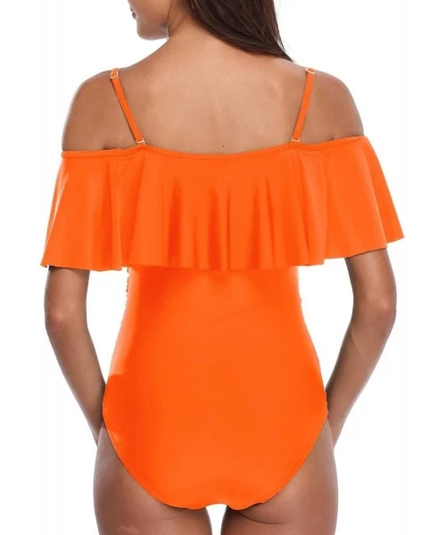 One-Pieces Women One Piece Flounce Swimsuit Vintage Printed Off Shoulder Flounce Ruffled Swimwear Bathing Suit - Orange - CX1...