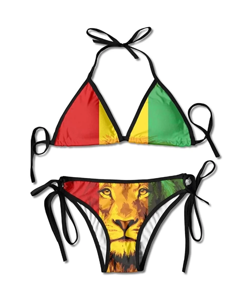 Sets Womens Sexy Reggae Rasta Flag Lion Two Piece Swimsuit Bathing Suit Bikini Set - Black - C018EID7NXO