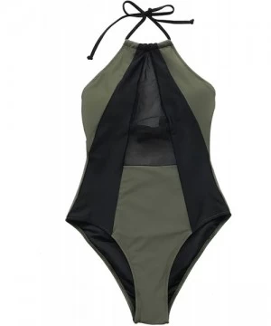 One-Pieces Women's Take My Heart Mesh One-Piece Swimsuit Beach Swimwear Bathing Suit - Army Green Black - CB189UDGWC8