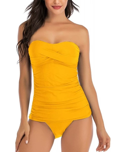 Tankinis Women's Ruched Bandeau Two Piece Bathing Suits Tummy Control Tankini Swimsuits with Bikini Bottom - Yellow - CD199UK...