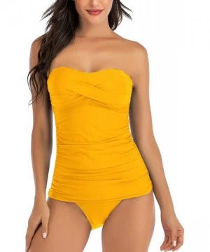 Tankinis Women's Ruched Bandeau Two Piece Bathing Suits Tummy Control Tankini Swimsuits with Bikini Bottom - Yellow - CD199UK...