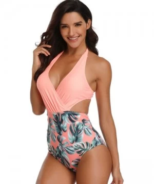 One-Pieces Women's One Piece Palm Leaf Printed Swimsuit Surplice Neckline Backless Halter Monokini - Orang-leaf - C418RLUI8NS