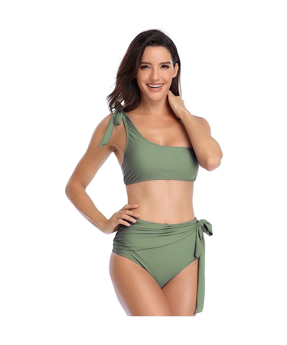 Sets Women's Bikini Set Swimsuits for Teens One Shoulder Two Pieces High Waisted Bottom Bathing Suits - Green - CK18R4680M7