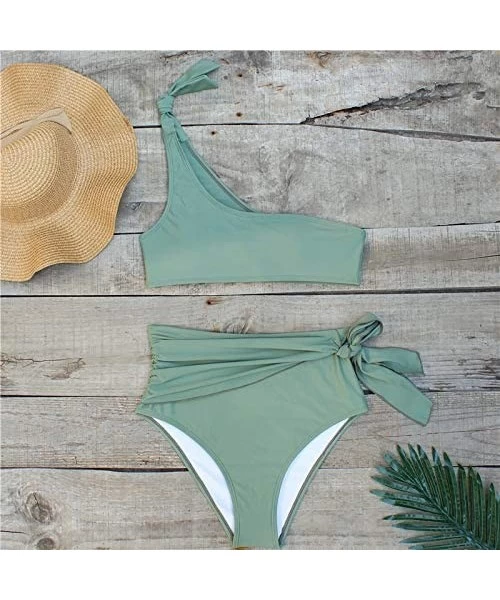 Sets Women's Bikini Set Swimsuits for Teens One Shoulder Two Pieces High Waisted Bottom Bathing Suits - Green - CK18R4680M7