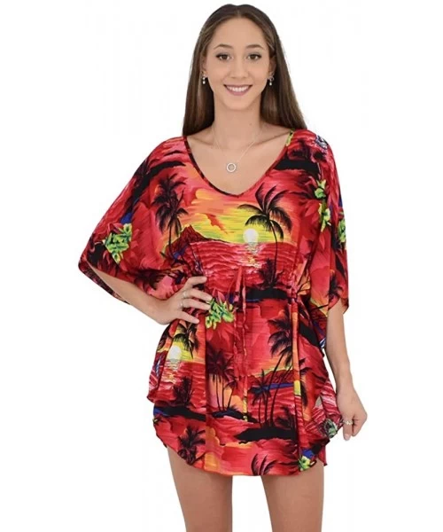 Cover-Ups Ladies Short Kaftan Hawaiian Sunset Print Floral Beach Cover Up - Red - C318DGXYLZ2