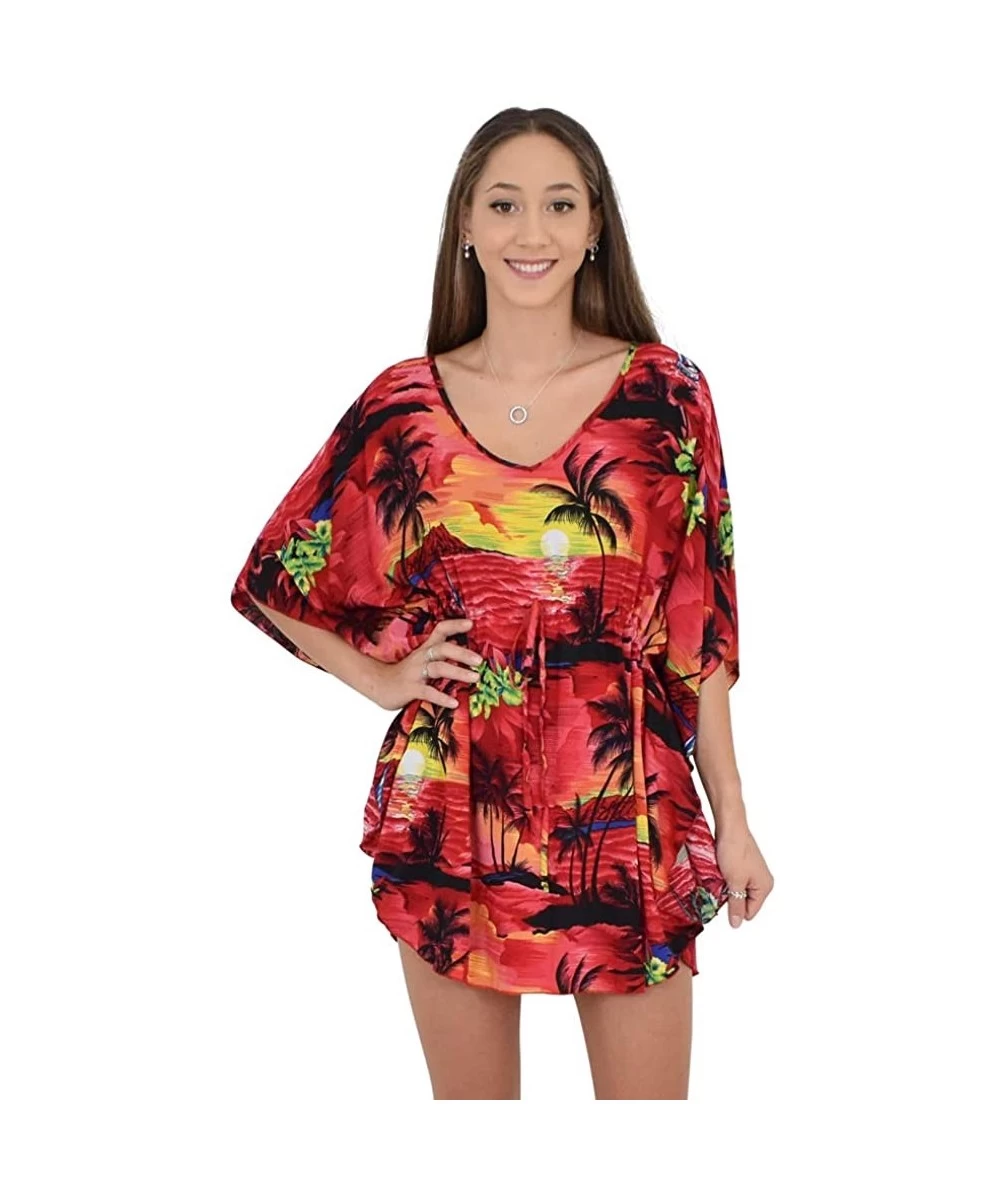 Cover-Ups Ladies Short Kaftan Hawaiian Sunset Print Floral Beach Cover Up - Red - C318DGXYLZ2