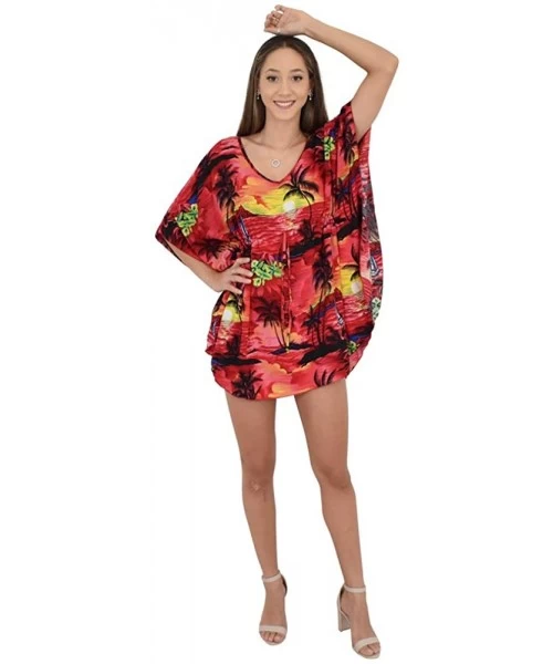 Cover-Ups Ladies Short Kaftan Hawaiian Sunset Print Floral Beach Cover Up - Red - C318DGXYLZ2