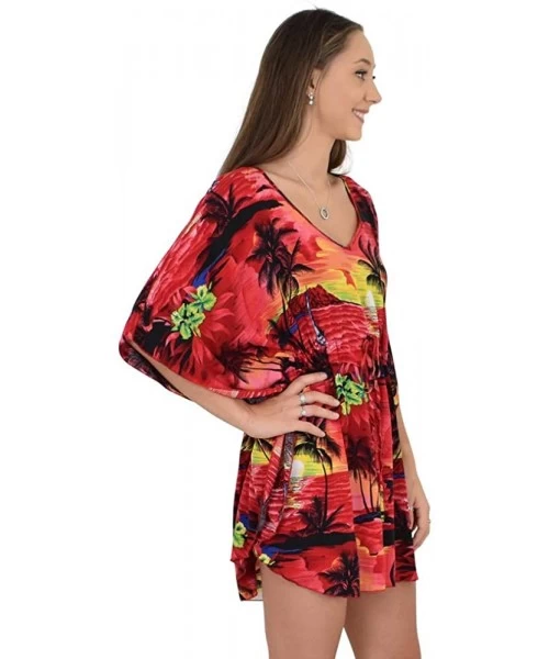 Cover-Ups Ladies Short Kaftan Hawaiian Sunset Print Floral Beach Cover Up - Red - C318DGXYLZ2