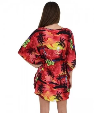 Cover-Ups Ladies Short Kaftan Hawaiian Sunset Print Floral Beach Cover Up - Red - C318DGXYLZ2