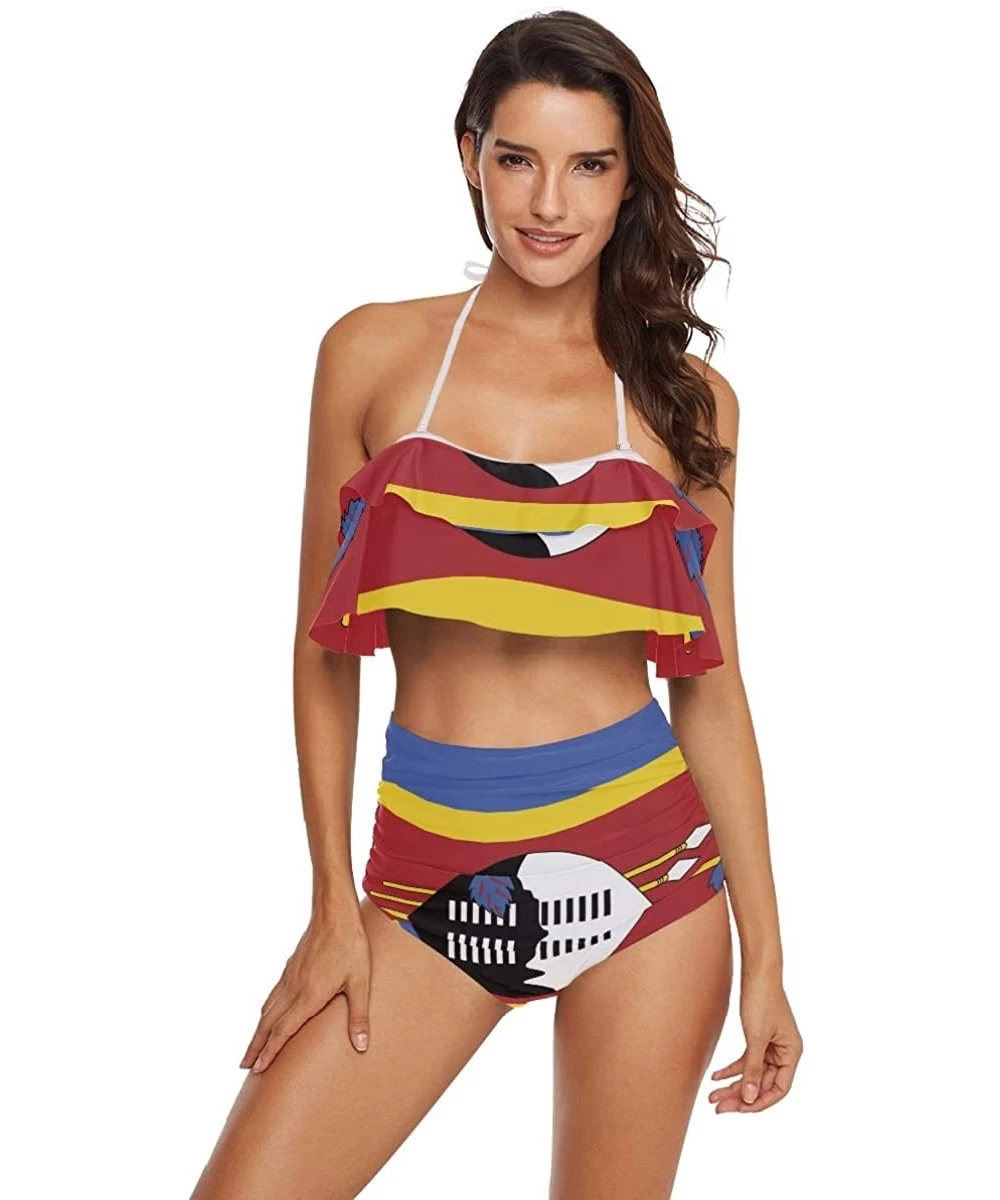 Sets Women Flounce High Waisted Bikini Set Halter Neck Two Piece Swimsuit Senegal Flag - Swaziland Flag - C418U76Y8LI