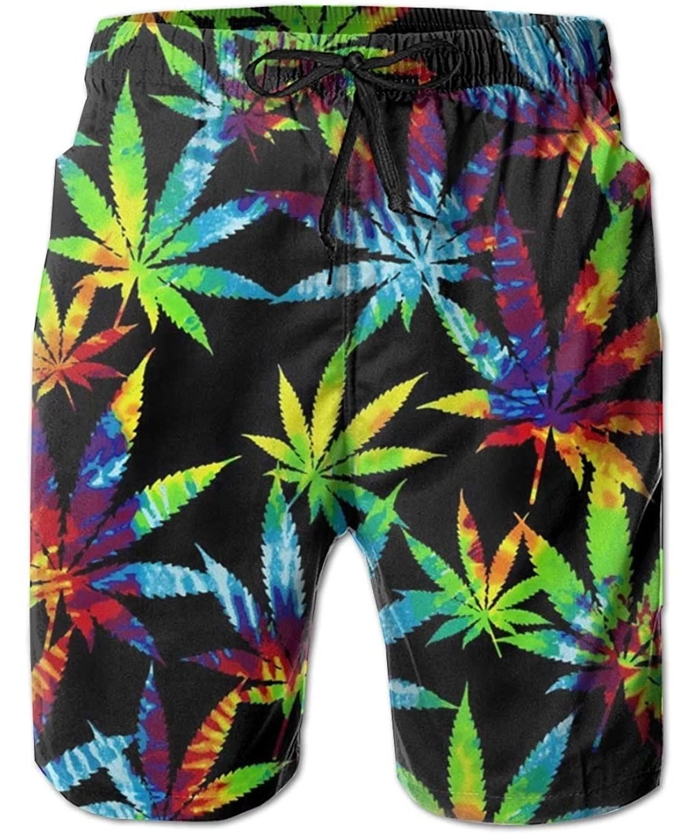 Board Shorts Mens Swim Trunks Quick Dry Printed Beach Shorts Summer Boardshorts with Mesh Lining - Tie Dye Cannabis Weed Leav...